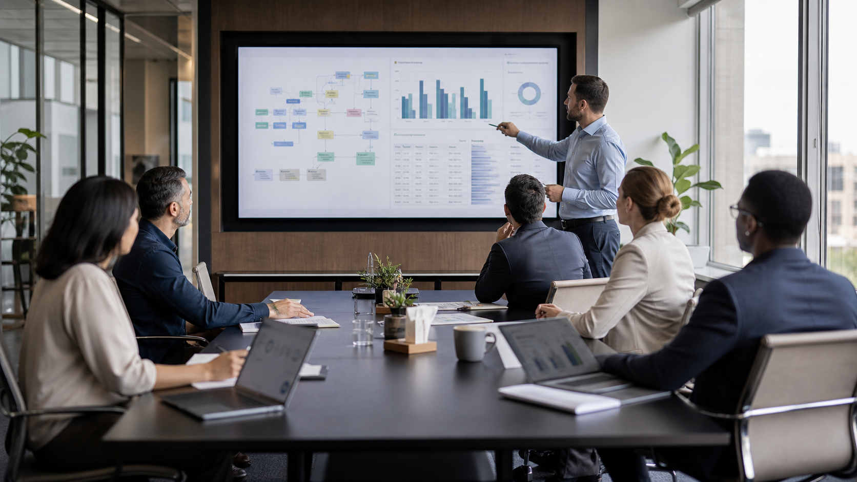Operations leadership team reviewing an AI ROI business case and workflow metrics