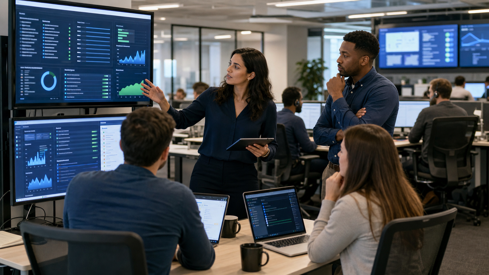 AI support operations dashboard with ticket queues, QA loops, and escalation paths