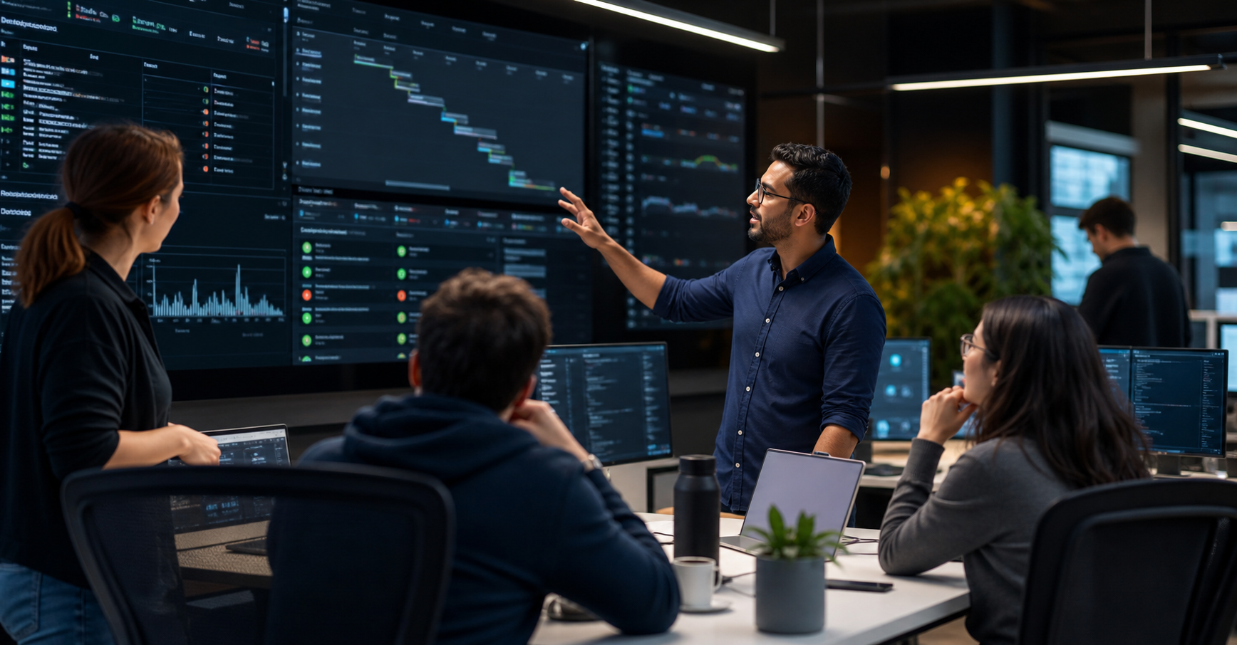 Engineering and operations team reviewing AI pipeline reliability dashboards